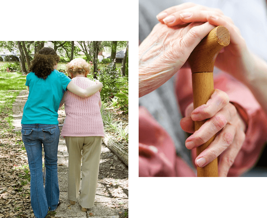 Two pictures of a woman holding a walking stick and an older woman.